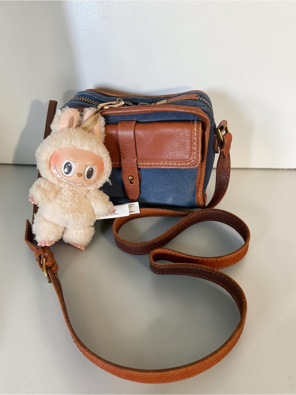 Madewell Camden Mini Crossbody Blue Suede Cognac Leather Camera Bag - Picture 5 of 10